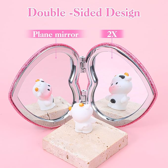 Compact Folding Mirror Heart Shaped Double-Sided 1X/2X Magnifying Mirror Cute Mini Glitter Makeup Mirror with PU Leather Ultra-Portable Cosmetic Mirror for Women Home Office Travel (Rose red)