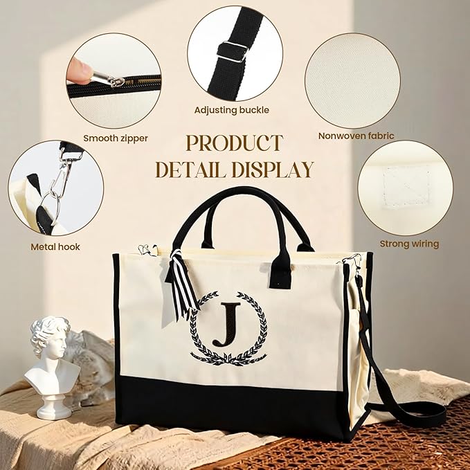 Personalized Canvas Tote Bag for Women Makeup Pouch Initial Beach Bag Removable Bottom Board for Travel Birthday