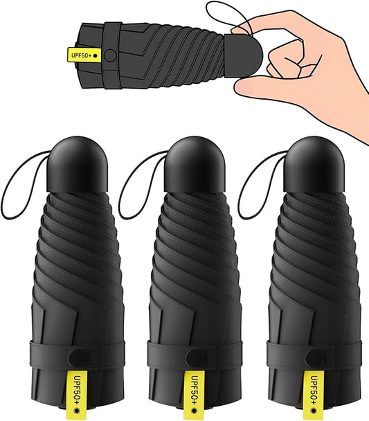 3 Pack Travel Mini Umbrella Small Compact, Portable Umbrella with UV Protection UPF 50+, Rainproof & Sunproof Folding Umbrella, Backpack & Pocket-Friendly
