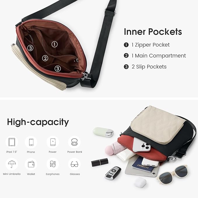 G4Free Anti-Theft Crossbody Bags for Women, Lightweight Nylon Shoulder Purse Medium Handbags for Travel Work-Black&Red