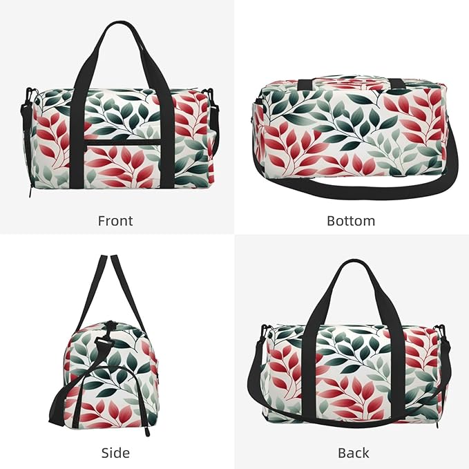 Sports Gym Bag Red Green Leaves Travel Duffel Bag With Shoe Compartment Shoulder Strap, Lightweight Water-Resistant Weekend Overnight Totes For Women Men
