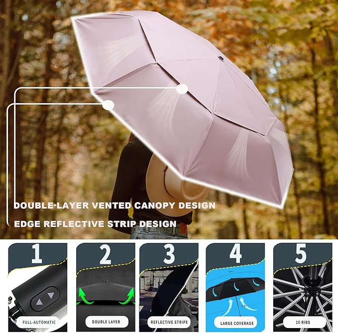 MRTLLOA 42/49 Inch Compact Travel Essentials Umbrella for Rain, Lightweight, Portable, Automatic, Strong, Waterproof Folding Umbrellas for Women, Men and Teenagers