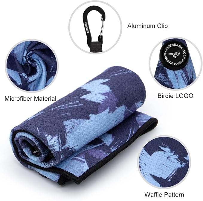 Magnetic Golf Towel, Microfiber Waffle Design with Clip - Industrial Strength Magnet for Strong Hold to Golf Bags, Carts Clubs (Blue Brush)