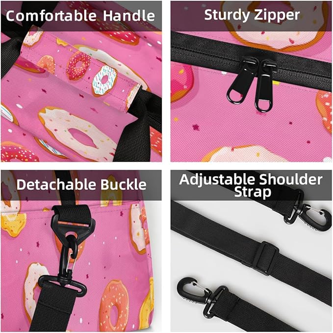 Travel Duffle Bag, Pink Donut Waterproof Weekender Overnight Bags for Women Men Lightweight Carry on Duffle Gym Bag for Travel, Sports, Fitness, Workout