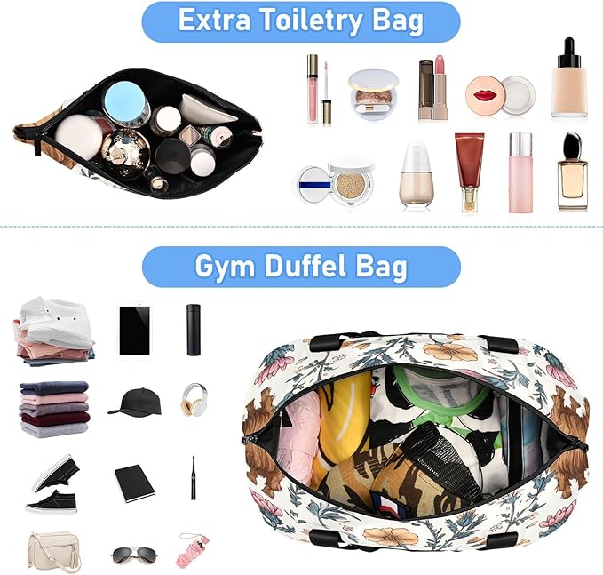 Travel Duffel Bags for Women Highland Cow Floral Print Sports Duffel Bags Gym Bags with Shoes Compartment Tote Bag Weekender Bag for Travelling