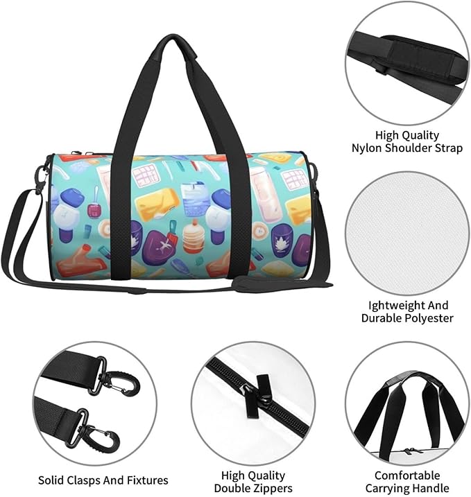Gradient medical items pattern Sports Gym Bag for Women Men Travel Duffel Bag Tote Weekender Bag Canvas Carry on Overnight Bag for Travel Swimming Fitness Workout Sports Duffle Bag