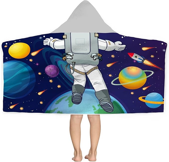 Outer Space Theme Kids Hooded Towel - 30"x50", Cool Microfiber Soft Bath Towel Poncho for Boys & Girls Swim Pool