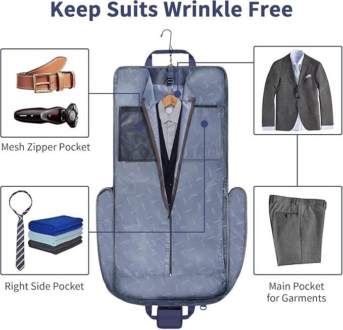 Mancro Carry On Suit Garment Bags for Travel, Suit Bag with Adjustable Shoulder Strap, Waterproof Foldable Luggage Bag for Men Women, Large Travel Garment Bags for Hanging Clothes, Blue