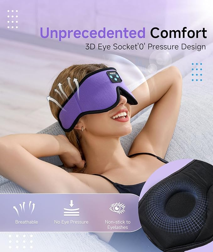 Voerou Bluetooth 3D Sleep Mask with Headphones, Wireless Adjustable Eye Mask Sleeping Headphones with Ultra-Thin HD Stereo Speakers, Suitable for Sleep Office Naps Travel, New Technology Gadgets