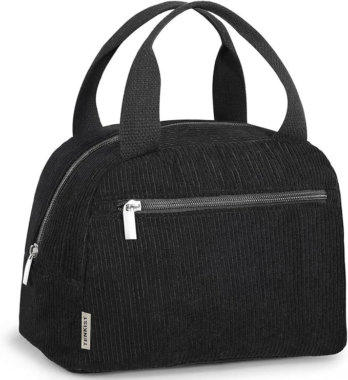Cute Lunch Box Tote Bag - Corduroy Insulated Cooler Bags for Women - Lightweight Reusable Portable Soft Lunch Pail Kit for Kids Teen Girl Adults Work School Picnic Travel Black 12L
