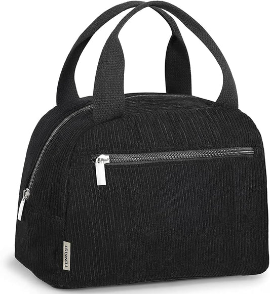 Cute Lunch Box Tote Bag - Corduroy Insulated Cooler Bags for Women - Lightweight Reusable Portable Soft Lunch Pail Kit for Kids Teen Girl Adults Work School Picnic Travel Black 12L