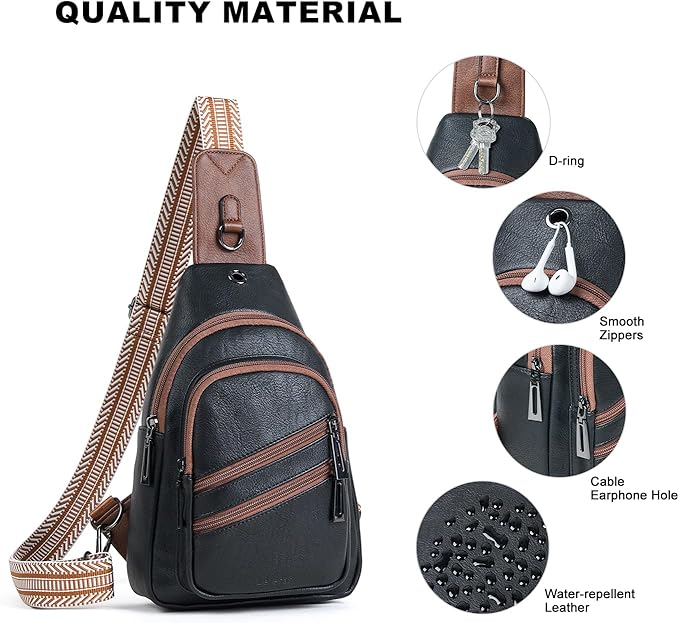 7L Crossboydy Sling Bag for Women Vegan Leather Crossbody Purse Fanny Pack Chest Bag for Travel,Black Brown