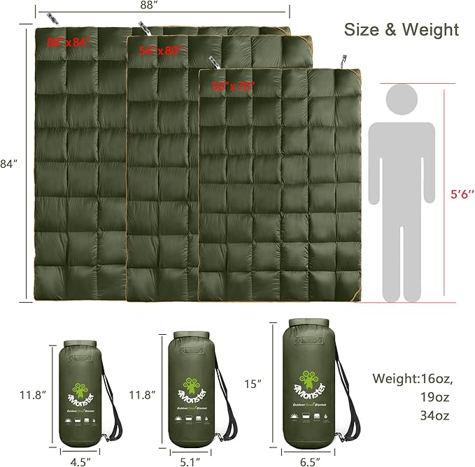 4Monster Down Camping Blanket - Outdoor Travel Quilt Puffy 650 Fill, Packable, Lightweight,Wind & Waterproof | Ideal for Stadium, Backpacking,Picnics, Beach and Hiking