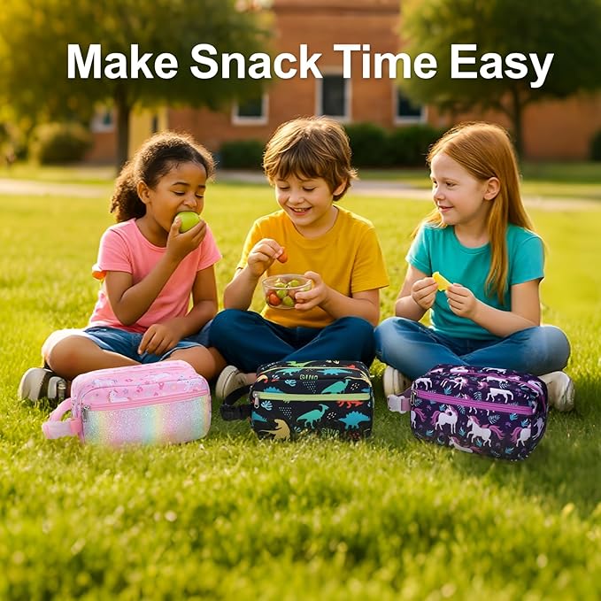 Bagseri Kids Snack Bag Girls - Small Reusable Mini Cooler Pouch, Insulated 3.9L Food Carrier with Buckle Handle for School and Daycare, Fits in Backpack, Deep Purple Unicorn