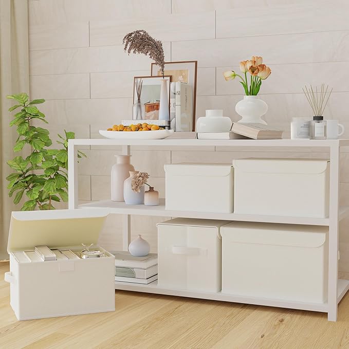 Foldable Storage Bin, Cube Organizer Basket with Flip-Top Lid and 2 Handles, Decorative Boxes for Shelves with Cover for Clothes, Towels, Blanket, 2 Pack, Beige, 13 x 9 x 7.9 In, XSNY12BEM-2