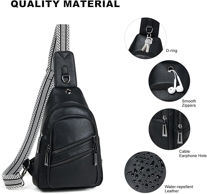 7L Crossboydy Sling Bag for Women Vegan Leather Crossbody Purse Fanny Pack Chest Bag for Travel,Black
