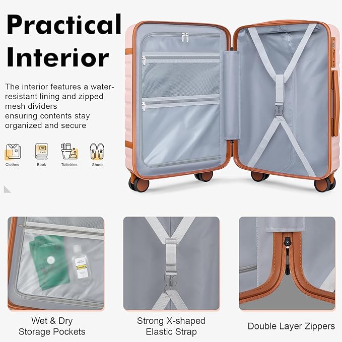 Luggage Sets 3 Piece with Spinner Wheels, Lightweight PC Hardside Suitcase with TSA Lock & YKK Zippers, 20 Inch Carry On Luggage with Travel Bag for Men and Women, Pink