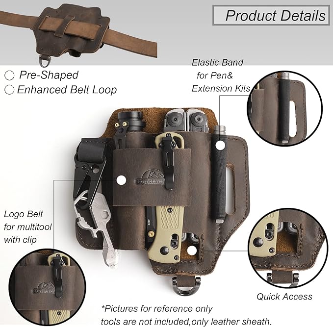 Topstache Leather Multitool Sheath,EDC Belt Organizer for Work and Daily Use,Leatherman Sheath,EDC Pocket Organizer for Flashlight and Multitool,Gifts for Men for Multitool,Darkbrown