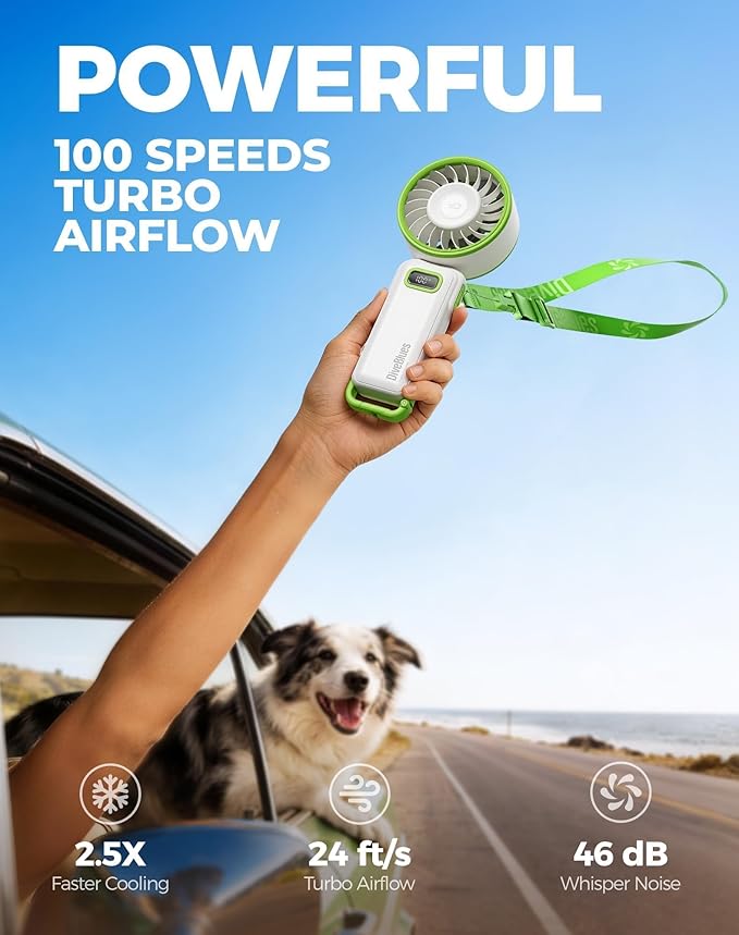 Diveblues Portable Turbo Fan, 7.4m/s High Speed Handheld Fan, 180° Foldable 4-in-1 Personal Neck Fan with Carabiner Clip, 100 Speed Stepless Control, USB-C Rechargeable for Travel, Makeup Hot Flashes