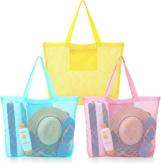 3 Pcs Mesh Beach Bags Portable Mesh Shower Beach Toy Bag With Drawstring Extra Large Tote Hanging Toiletry Bath Organizer for Camping Swimming Gym Travel