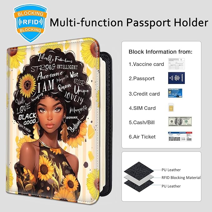 Passport Holder Women Wallet with Luggage Tag, Leather Passport Cover with RFID Blocking, Travel Accessories Multi Card Slot Passport Case for Men，African American Women Black Women