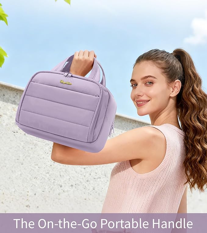 Travel Toiletry Bag for Women, Lightweight Large Quilted Puffy Makeup Bag Wide-open Make up Organizer Cloud Cosmetic Bag w/Handle for Traveling, Toiletries, Essentials Accessories Lavender