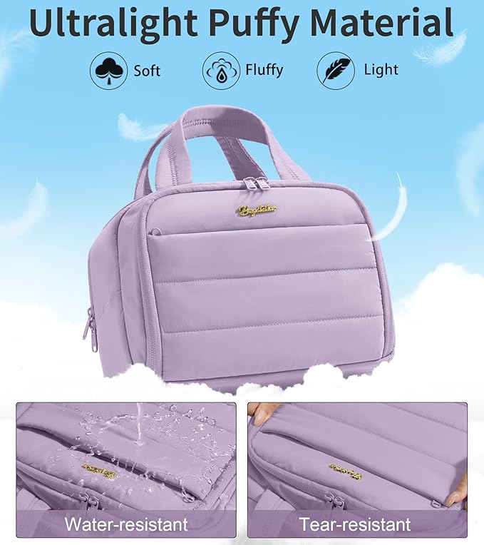 Travel Toiletry Bag for Women, Lightweight Large Quilted Puffy Makeup Bag Wide-open Make up Organizer Cloud Cosmetic Bag w/Handle for Traveling, Toiletries, Essentials Accessories Lavender
