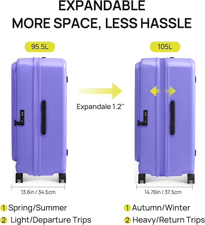 NINETYGO Large Checked Luggage 28 Inch, Top Opening Luggage Checking In Luggage, Expandable, PC Hard Shell, Larger Capacity Checked, TSA Lock, 360° Spinner Wheels (Purple)