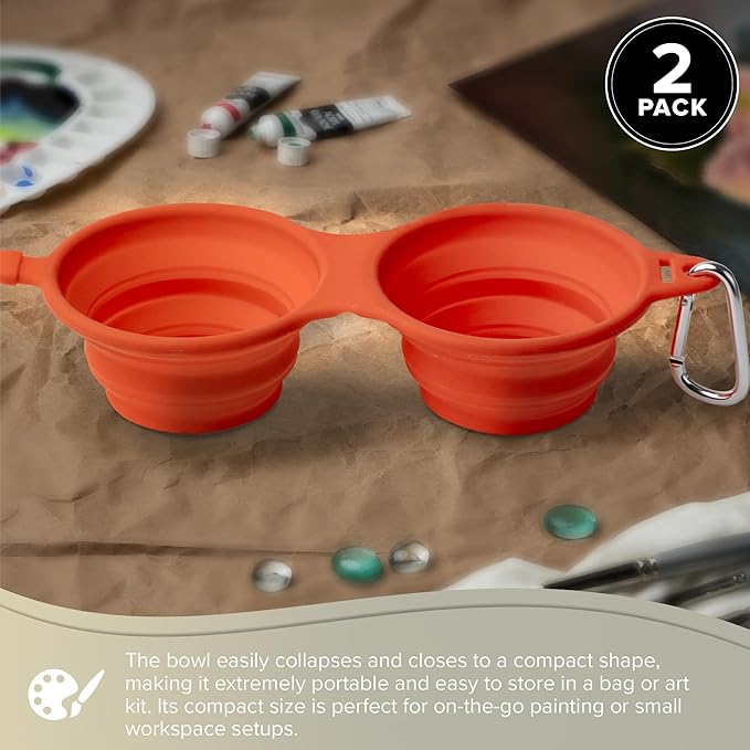 Silver Brush Limited 9055 Silver Essentials Double 230ml/7.8oz Collapsible Water Bowl with Closure, Leak-Proof Paint Brush Water Cup for Water Media, for Studio, Travel, and Plein Air, Orange, 2 Pack
