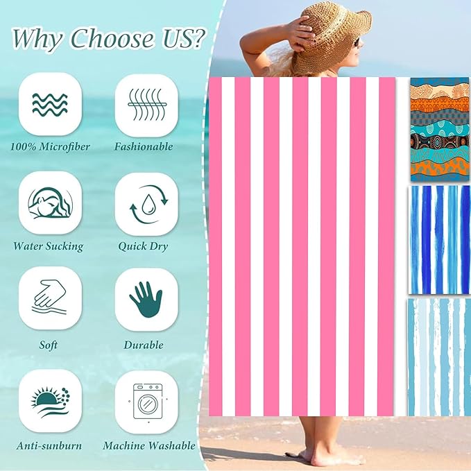 Microfiber Beach Towel Quick Dry Travel Beach Towel 35 x 71 inch Thin Sand Free Beach Towel Oversized Personalized Beach Towels Extra Large Compact Sandproof Pink Striped Beach Towels Clearance
