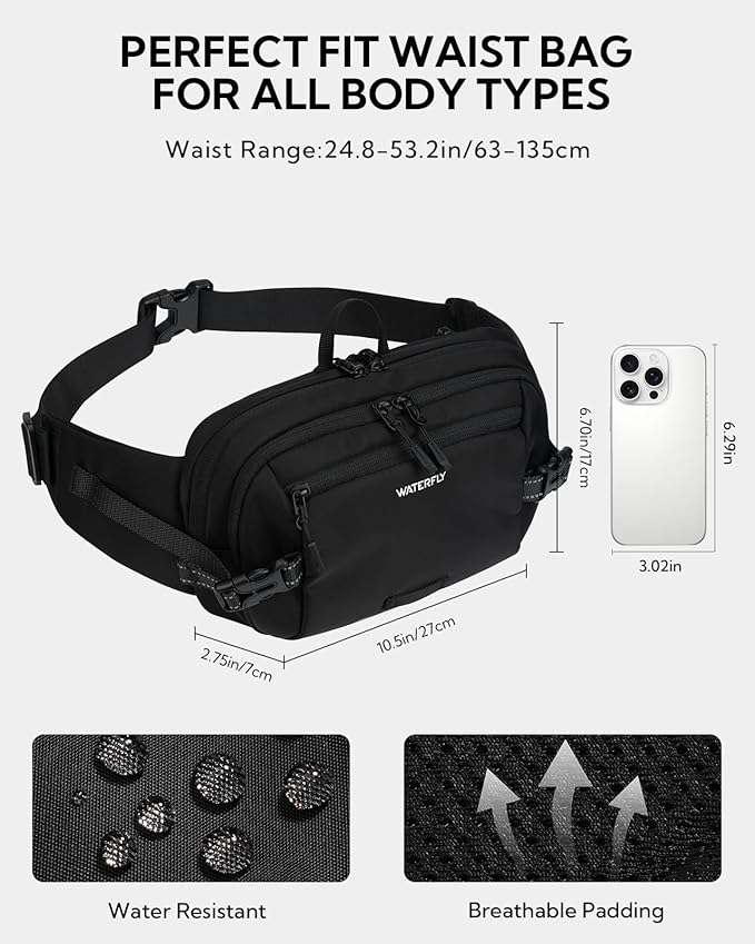 WATERFLY 3L Large Fanny Pack, 180° Opening Hip Pouch with Multi-Pockets, Anti-Theft RFID Blocking Waist Bag for Women Men Traveling Hiking Daily Use