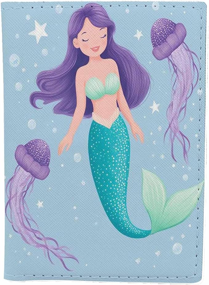 Mermaid Passport Holder for Travel Jellyfish Bubble PU Leather Passport Cover Wallet Cute Passport Card Holder for Women and Men