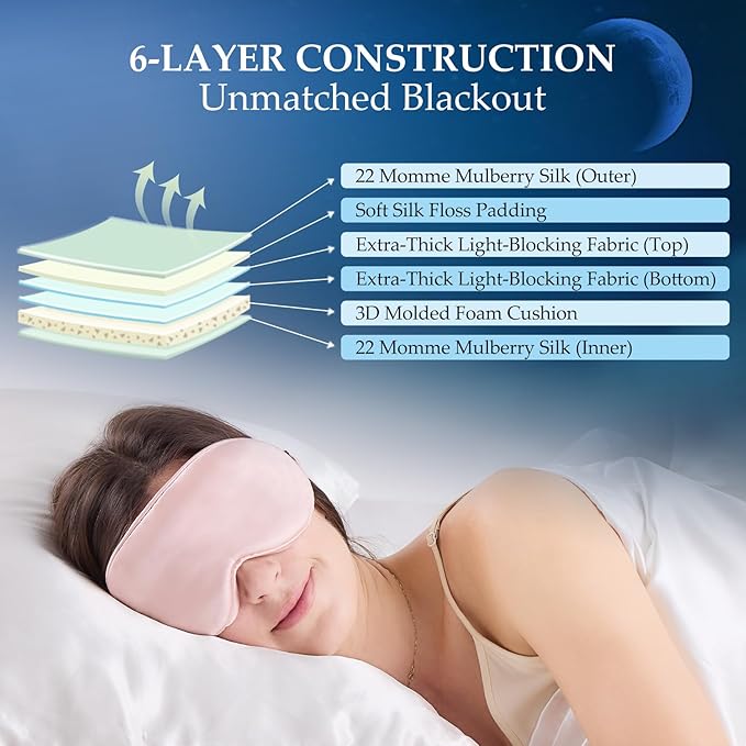 100% 22 Momme Mulberry Silk Sleep Mask with Adjustable Strap, 3D Contoured Cup Silk Eye Mask for Sleeping, Total Black Out, Pink