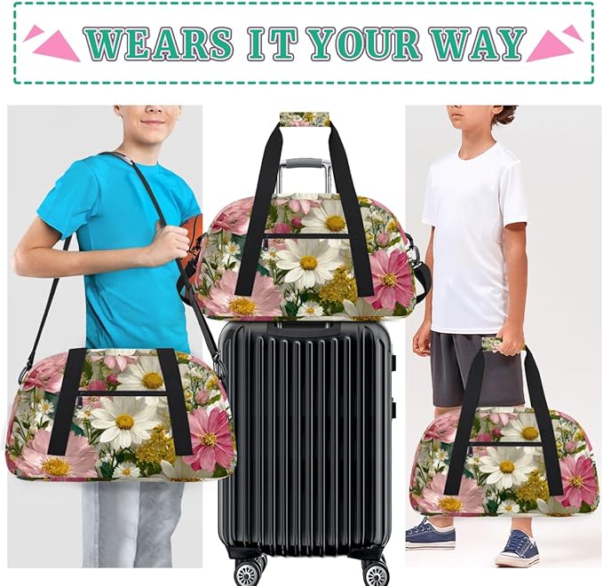 Florals Flower Daisy Gym Travel Duffle Bag for Women & Men with Front Zipper Pocket for Sports, Overnight, Weekender, Carry On,Workout & Dance Bag,Daisy Yellow White,18.9 * 8.7 * 10.6 in