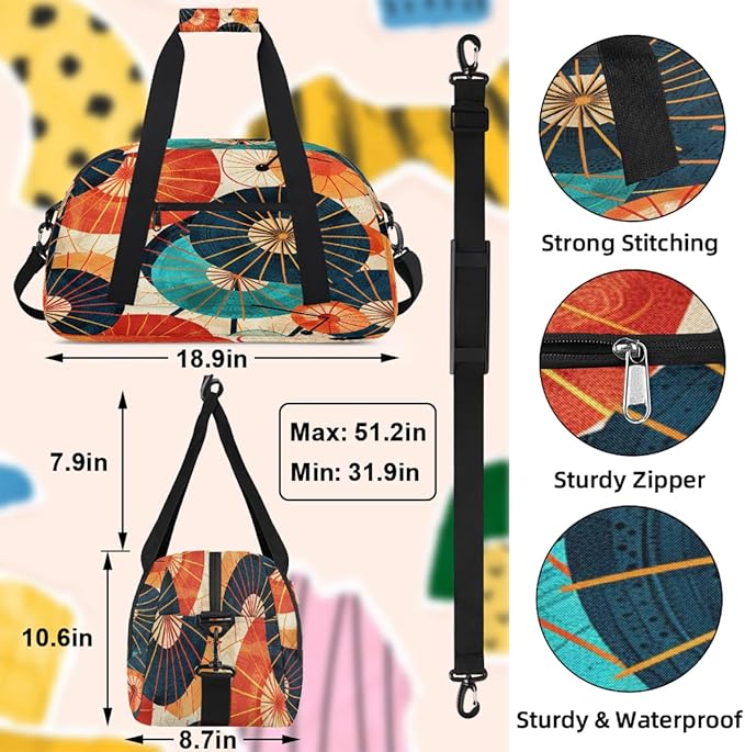 Duffle Bag for Women Men, Colorful Japanese Umbrella Print Gym Bag for Travel Sports, Lightweight Waterproof Weekender Overnight Bags with Adjustable Strap