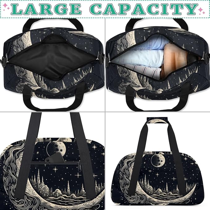 Moon Star Castle Gym Travel Duffle Bag for Women & Men with Front Zipper Pocket for Sports, Overnight, Weekender, Carry On,Workout & Dance Bag,Retro Moon,18.9 * 8.7 * 10.6 in