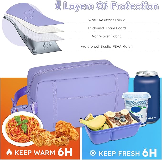 NOL Natural Organic Lifestyle Freezable Snack Bag, Leakproof Cooler Lunch Bag, Reusable, Zip Closure with Buckle Handle Nylon Waterproof Snack Box for Work Travel-Light purple