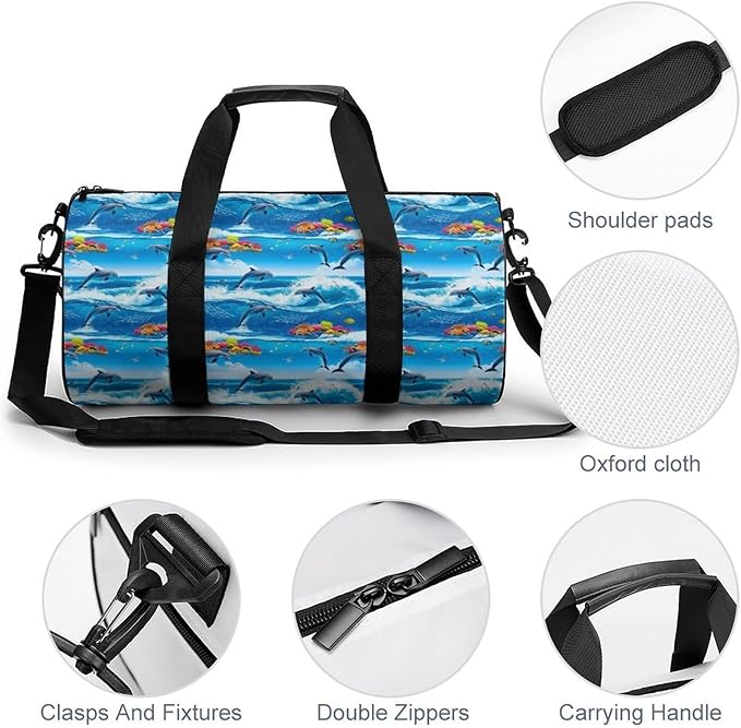 Basketball Football Weekender Bag Strong Waves Jumping Dolphin Great Ocean Wave Blue Carry on Beach Yoga Overnight Luggage Bag Sports Gym Bags for Men Women