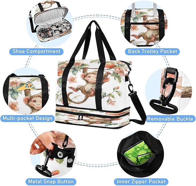 Travel Duffel Bags for Women Watercolor Monkey with Peach & Flower Sports Duffel Bags Gym Bags with Shoes Compartment Tote Bag Weekender Bag for Travelling