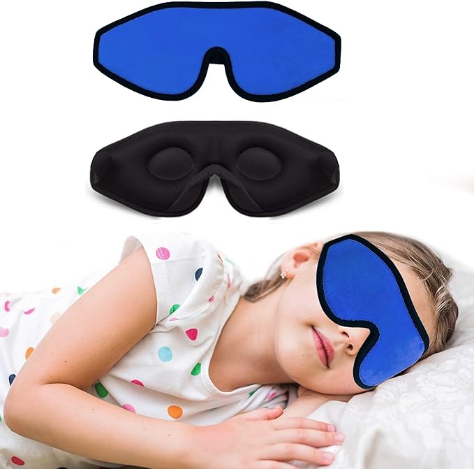 3D Sleep Mask for Kids, Light Block Sleeping Blindfold Memory Foam Contoured Eye Mask for Sleep, Adjustable Strap Eye Cover and Travel Sleep Mask for Boys Girls, Dark Blue