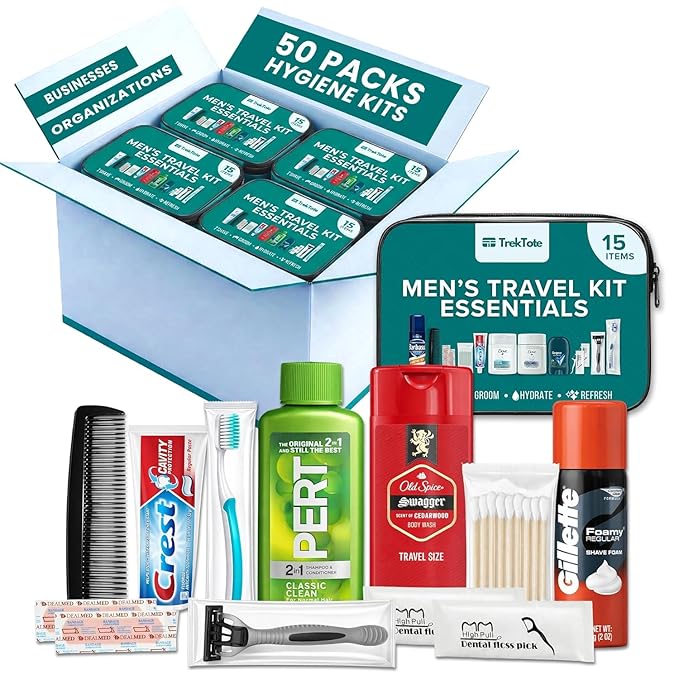 TrekTote 15 Piece Set Men’s Travel & Hygiene Kit with Clear Toiletry Bag, Grooming & Personal Care Essentials, Single Kit or Bulk Case Packs
