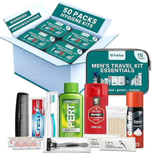 TrekTote 15 Piece Set Men’s Travel & Hygiene Kit with Clear Toiletry Bag, Grooming & Personal Care Essentials, Single Kit or Bulk Case Packs