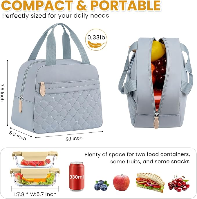 Insulated Lunch Bag for Women, Portable Lightweight Lunch Box for Adults, Reusable Small Lunch Tote Cooler Bags with Front Zipper Pocket for Work School Picnic(Light Blue)