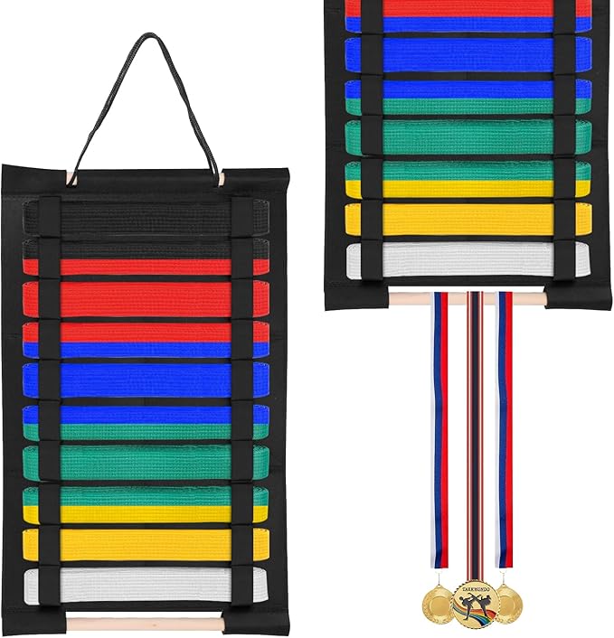 Karate Belt Display Rack, Taekwondo Belt Display Holder with Bamboo Medal Rack, Jiu Jitsu Belt Hanging Holder, Felt Martial Arts Belts Organizer for Taekwondo, Karate, BJJ Learners