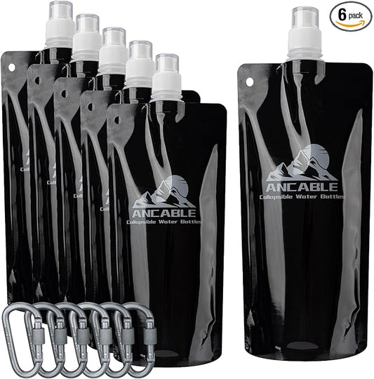 Ancable 17oz Collapsible Water Bottles, 6-Pack Reusable Travel Foldable Water Bottles for Hiking Camping Running Bike, BPA-Free Water Bottle