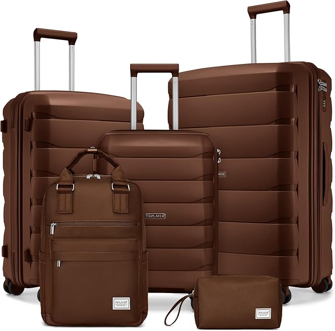 Luggage Sets 5 Pieces, Suitcase Set with Spinner Wheels, 3 Piece Luggage Set with Backpack (28/24/20inch Mocha)
