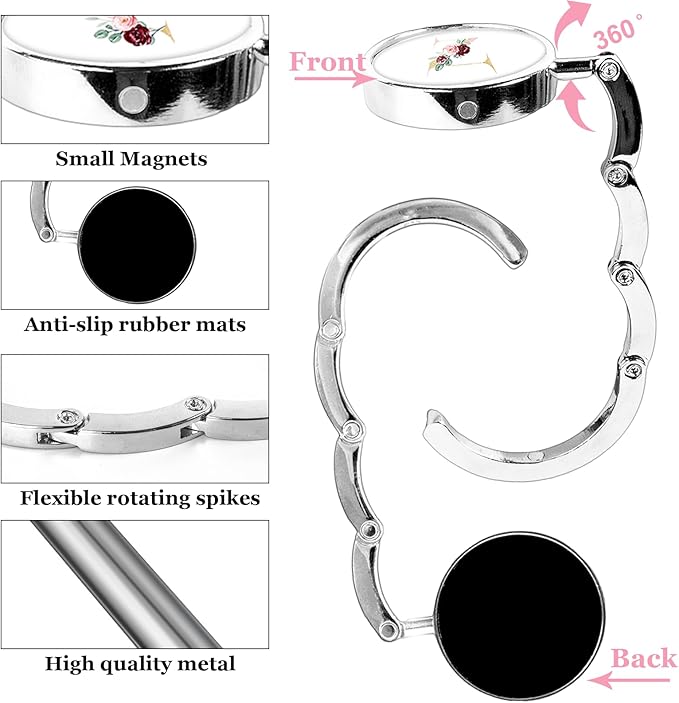 XSUIOY 3Pcs Personalized Initial Foldable Purse Hook for Table,Crushed Flower Letters Folding Purse Hanger,Purse Holder Handbag Hanger Collection Desk Table Bag Hooks Gifts for Women Bag(Pink-N)