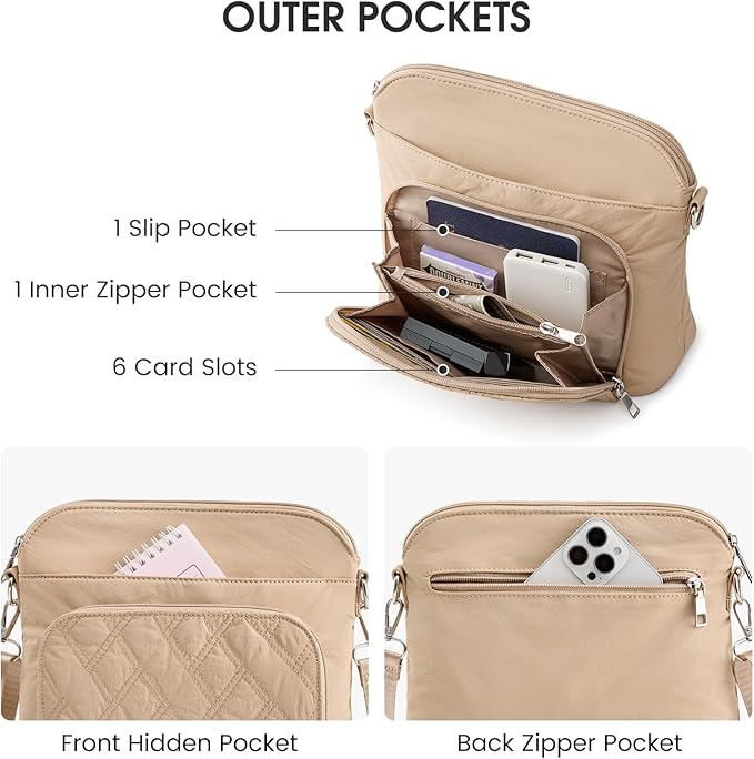 G4Free Anti-Theft Crossbody Bags for Women, Lightweight Nylon Shoulder Purse Medium Handbags for Travel Work-Khaki
