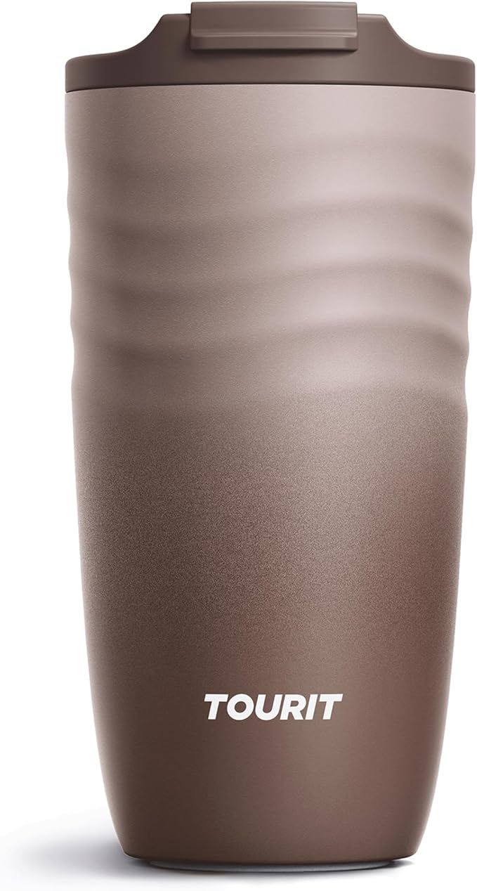 TOURIT 16 oz Travel Coffee Mug, Insulated Stainless Steel Travel Mug with Lid, Leak-Proof Double-Wall Vacuum Tumbler, Reusable Coffee Cup - Dark brown