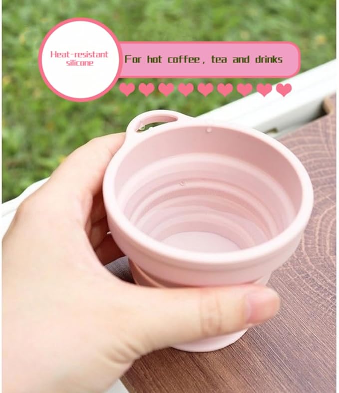 Reusable Foldable Silicone Water Cup, Portable Picnic Snacks Cup, Pocket Size Travel Cup Extensible, Collapsible Cups with Lid for Camping, Travel (Pink with Hook)